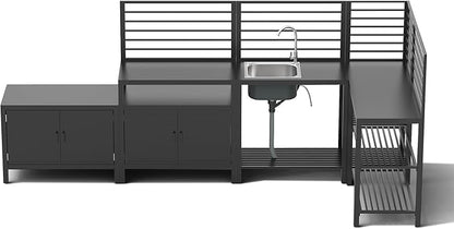 Domi Outdoor Kitchen Island, 5-Piece Modular Kitchens Counter with Whole Aluminum Finish & Shelf & Wall Hanging & Countertop & Sink & Storage Box & Cover, Kitchen Series for Deck Patio, Dark Gray