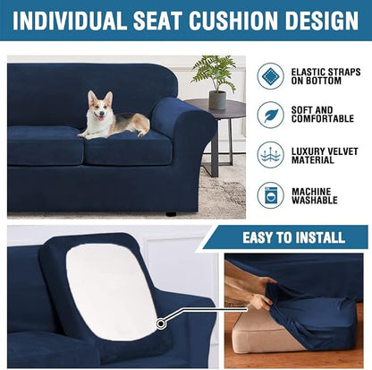 H.VERSAILTEX Real Velvet Plush 3 Piece Stretch Sofa Covers Couch Covers for 2 Cushion Couch Loveseat Covers Width Up to 72 Inch Feature Thick Soft Stay in Place (Medium Sofa, Navy)
