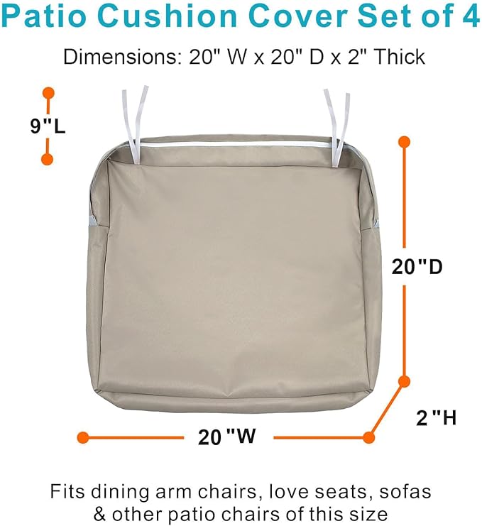 NettyPro Patio Chair Seat Cushion Covers Set 4, Waterproof Outdoor Furniture Cushion Slipcovers with Zipper and Tie, 20 x 20 x 2 Inch, Replacement Cover Only, Khaki