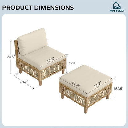MFSTUDIO Wicker Patio Furniture Set, 2 Pieces Rattan Outdoor Couch Sectional Sofa with Ottoman, Beige