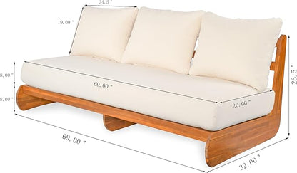 Merax Outdoor Acacia Wood Sofa with All-Weather Cushions, Patio Low 3-Seater Lounge Sofa for Porch, Lawn, Backyard, Balcony, Beige +Teak
