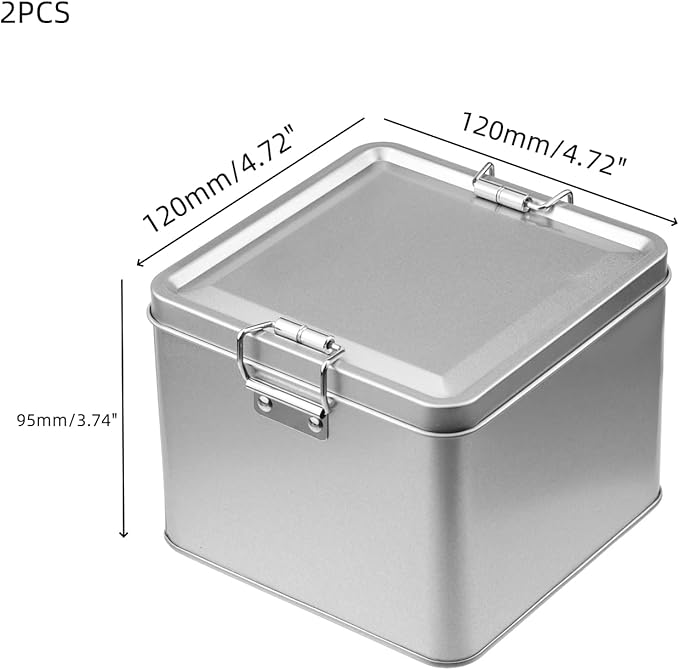 2 Pack Silver Tin Box Containers Metal Storage Box with Lids Rectangular Containers with Buckle Latch for Home Storage Outdoor Usage(4.72"×4.72"×3.74")