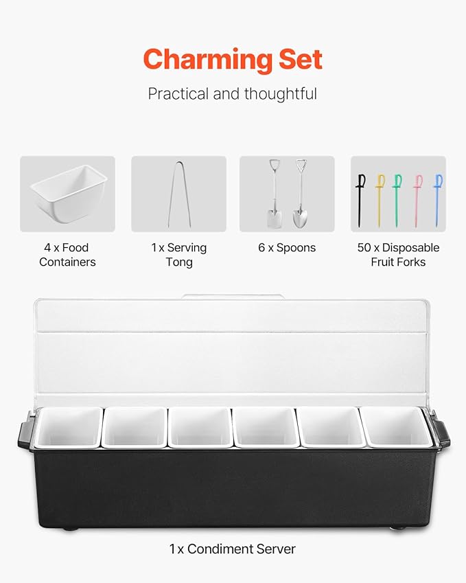 VEVOR Chilled Condiment Server, 6 Compartment Ice Cooled Condiment Serving Container, Chilled Garnish Tray Bar Caddy with Lid, for Bartending & Serving Taco, Salad, Fruit, Home & Restaurant Supplies | for BBQs, Picnics, Camping and Family Gatherings, c...