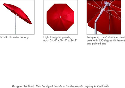 PICNIC TIME 5.5 Ft Portable Beach Umbrella, Lightweight UV Protection Sunshade with Tilt Pole & Carry Bag, Outdoor Canopy Umbrella for Beach, Sand, Pool, Patio, Camping, Travel, or Backyard Shade, (Blue Athens Pattern)