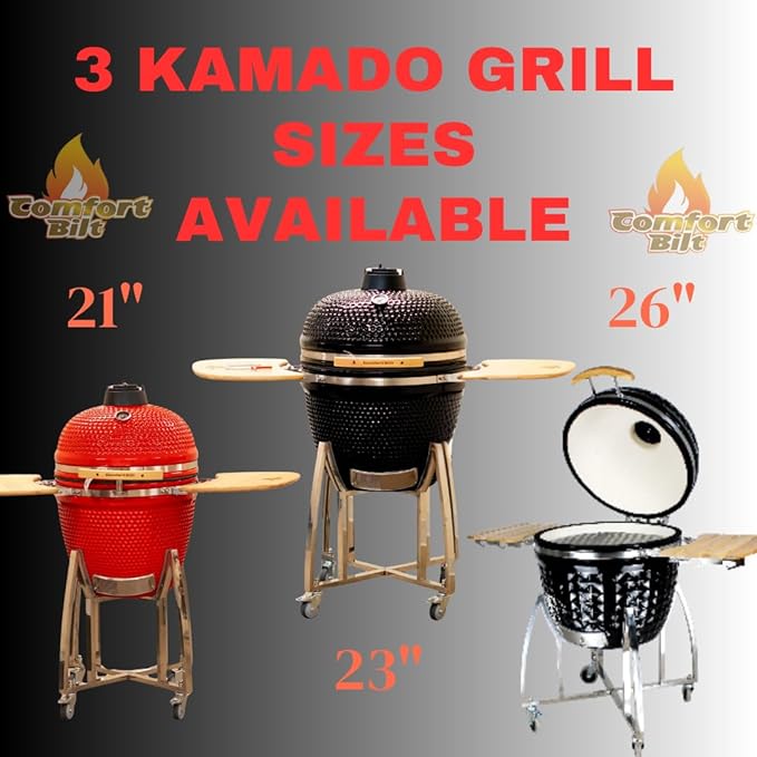 21" Kamado Grill COALS by Comfortbil Charcoal Ceramic Grill Smoker with Cart, Side Shelves and 412 Cooking Square Inches in Red