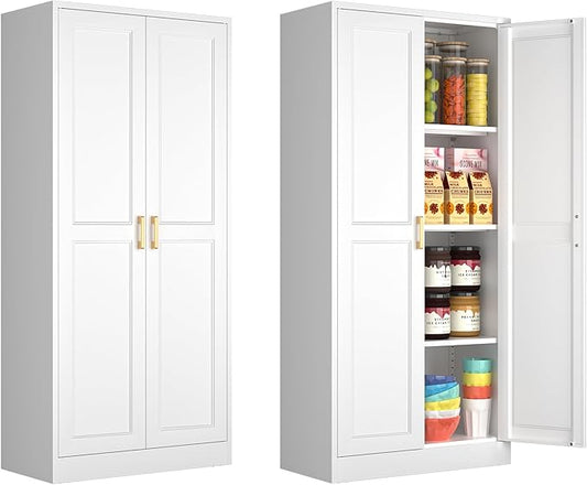 Polup Kitchen Pantry Cabinet, 60 Inch Tall Pantry Storage Cabinet with Doors and Adjustable Shelves, Metal Storage Cabinet with Golden Handles for Dining, Living Room, Assembly Required, White