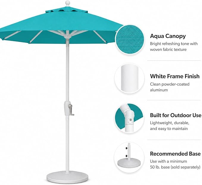 Treasure Garden 7.5ft Patio Umbrella – Outdoor Market Umbrella – Push Button Tilt – White Aluminum Frame (O’bravia, Aqua)