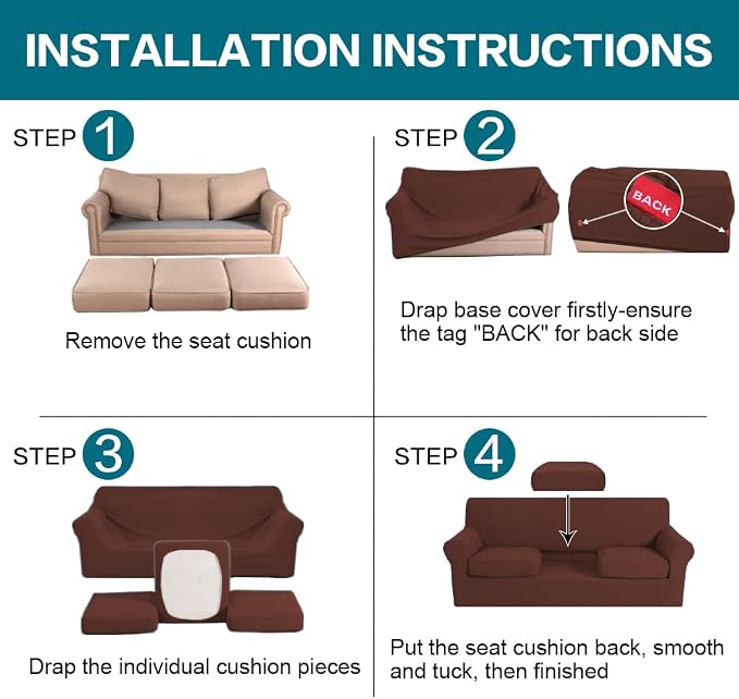Turquoize 4 Piece Sofa Covers for 3 Cushion Couch Sofa Slipcover Soft Couch Cover for Dogs-Washable Sofa Furniture Cover with 3 Individual Cushion Covers (3 Cushion Sofa, Burnt Brick)