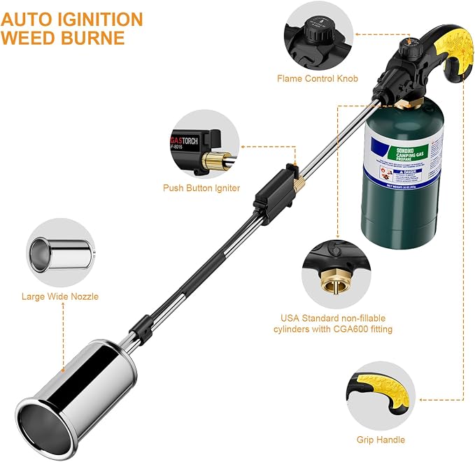 Sondiko Big Flame Propane Torch Head Kit, Weed Torch, Heavy Duty Blow Torch Detachable Propane Weed Torch with High Output for Garden Stumps Wood Ice Snow Roofing(Black & Yellow)