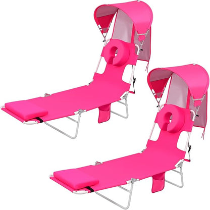 Backpack Beach Tanning Lounge Chair with Canopy Shade Face Hole Padded Adjustable Washable, 6 Position Layout Chair for Outside Sunbathing Poolside Lawn, UPF 50+ Wind-Resistant Sun Shade, 2Pack