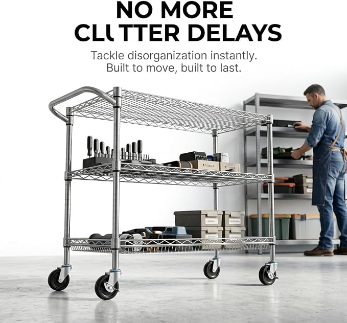 Finnhomy 3 Tier Heavy Duty Commercial Grade Utility Cart, Wire Rolling Cart with Pushing Handle Bar, Steel Metal Kitchen Service Trolly with Wheels, Shelf Size 18" D x 36" W, NSF, Chrome