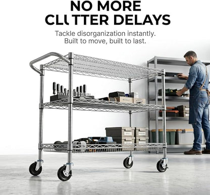 Finnhomy 3 Tier Heavy Duty Commercial Grade Utility Cart, Wire Rolling Cart with Pushing Handle Bar, Steel Metal Kitchen Service Trolly with Wheels, Shelf Size 18" D x 36" W, NSF, Chrome