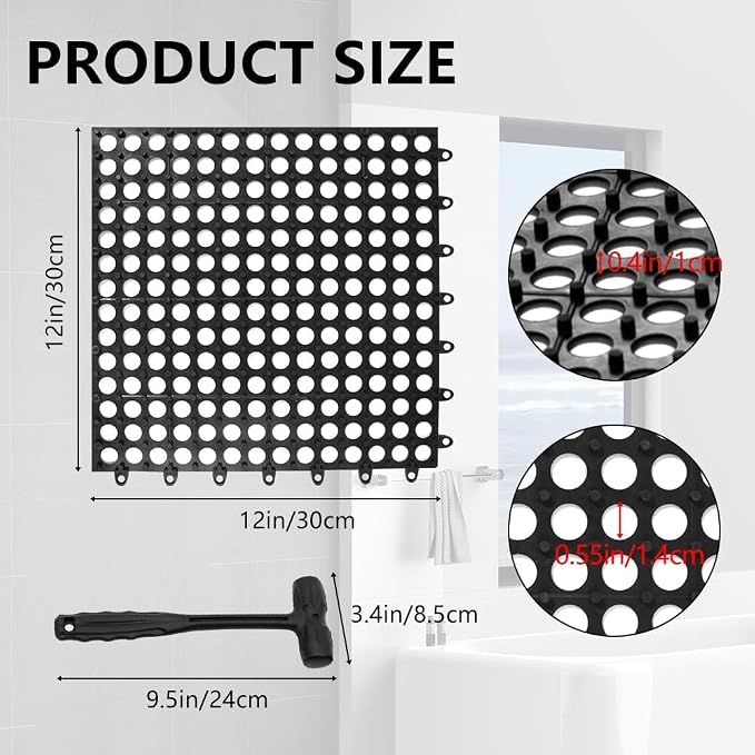 15 Pack Garage Floor Tiles, 12x12 Inch Interlocking Drainage Tiles | Non-Slip Deck Tile for Bathroom, Pool Deck, Gym, Garage, Kitchen & Wet Areas, Easy Splicing Anti-Fatigue Mat ( Black)