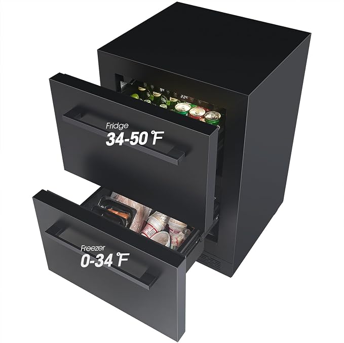 24 inch Double Drawer Drawer Refrigerator Under Counter with Freezer Beverage Refrigerator, Indoor/Outdoor Fridge for Patio, Kitchen & Bar, Weatherproof (Black)