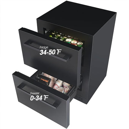 24 inch Double Drawer Drawer Refrigerator Under Counter with Freezer Beverage Refrigerator, Indoor/Outdoor Fridge for Patio, Kitchen & Bar, Weatherproof (Black)