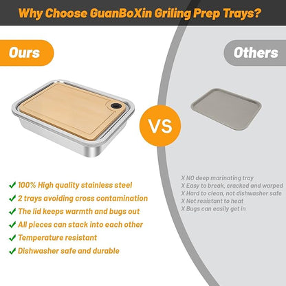 Grilling Prep and Serve Trays, Set of 5 Stackable Stainless Steel BBQ Trays with Lid & Cutting Board & Silicone Mat, Deep Marinating Container, Serving Platter for Plating Food, Large BBQ Prep Tub