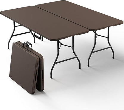 2 Pack 6ft Folding Table, Foldable Picnic Table Portable Table for Indoor Outdoor Use Heavy Duty Plastic Table Camping Table with Carry Handle for Party, BBQ, Brown
