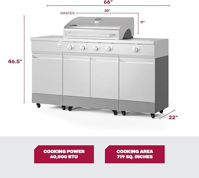 Tytus Fresno 5-Burner Propane or Natural Gas Island Grill – 864 sq. in. Cooking, 48,000 BTU Main + 12,000 BTU Side Burner, Porcelain Grates, Storage Cabinets, Semi-Portable -SS/Carbon Wood Starter Kit