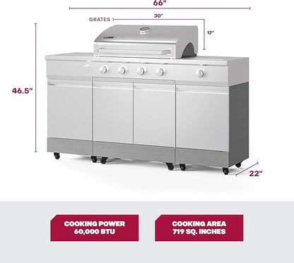Tytus Fresno 5-Burner Propane or Natural Gas Island Grill – 864 sq. in. Cooking, 48,000 BTU Main + 12,000 BTU Side Burner, Porcelain Grates, Storage Cabinets, Semi-Portable -SS/Carbon Wood Starter Kit