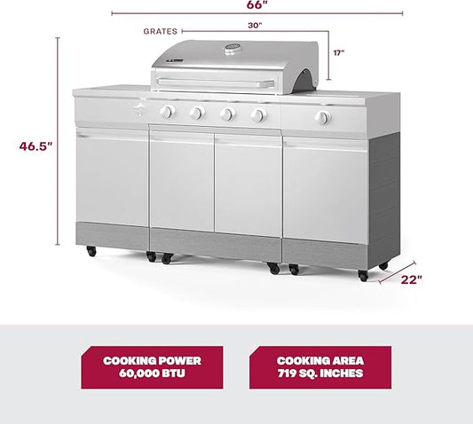 Tytus Fresno 5-Burner Propane or Natural Gas Island Grill – 864 sq. in. Cooking, 48,000 BTU Main + 12,000 BTU Side Burner, Porcelain Grates, Storage Cabinets, Semi-Portable -SS/Carbon Wood Starter Kit