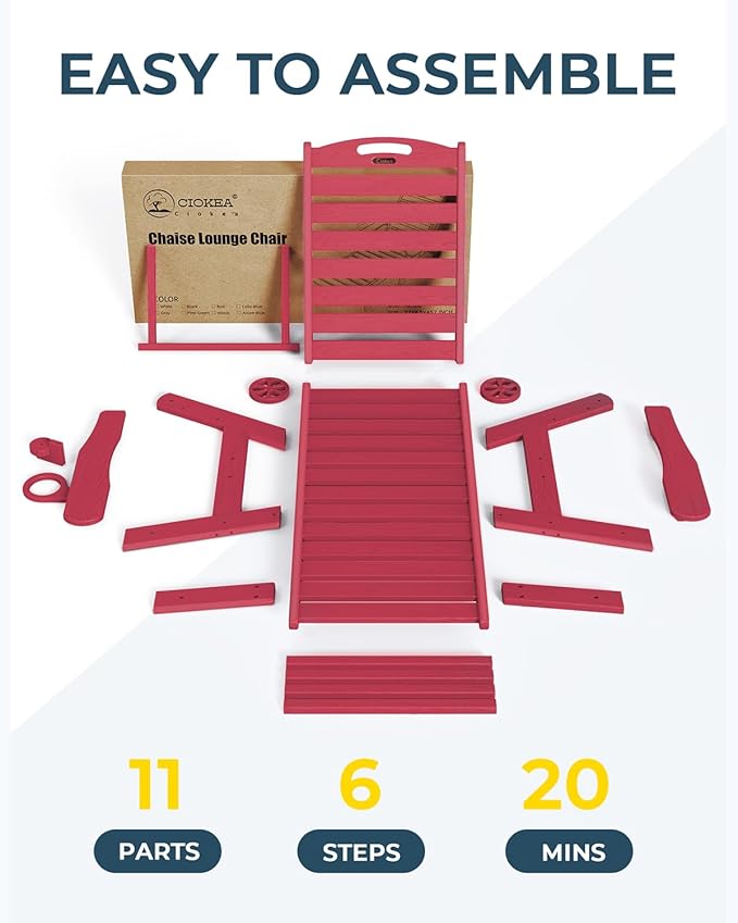 Ciokea Outdoor Chaise Lounge Chair Set of 2, Patio Lounge Chairs for Outside, HDPE Lounge Chair with Wheels & Cup Holder, Poly Chair with 5 Position for Poolside, Deck, Red