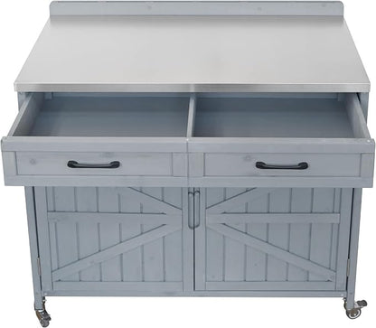 JIVOIT 39.4" Outdoor Kitchen Island with Stainless Table Top, Solid Fir Wood Storage Kitchen Cabinet with Drawer, Adjustable Shelves, Internal Storage Racks & 4 Wheels, Two Doors (Grey Blue/9)