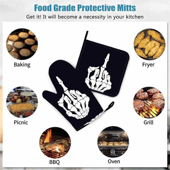 Mxocom FK Graphic Oven Mitt and Pot Holder with Silicone Finger Bones Design Heat Resistant Kitchen for Cooking BBQ Baking Grilling Spring/Summer