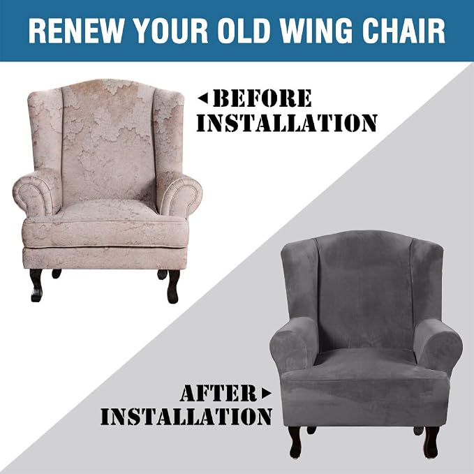 H.VERSAILTEX Wingback Chair Covers Velvet Plush Wing Chair Slipcover 1 Piece High Stretch Wing Back Chair Slipcovers Sofa Cover Furniture Cover with Elastic Bottom, Grey