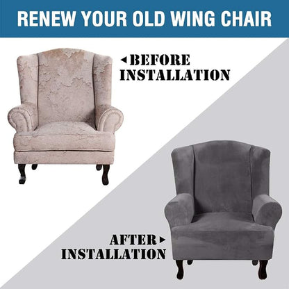 H.VERSAILTEX Wingback Chair Covers Velvet Plush Wing Chair Slipcover 1 Piece High Stretch Wing Back Chair Slipcovers Sofa Cover Furniture Cover with Elastic Bottom, Grey