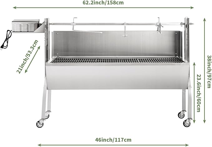 Kendane Rotisserie Grill Charcoal Spit Roaster, Stainless Steel 46" Pig Lamb Hooded Roaster Charcoal Spit with 30W Motor & Adjustable Height Lockable Casters for Party Barbecue, Rated 150 LB