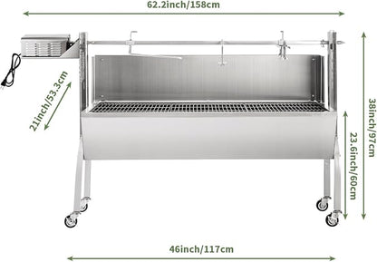 Kendane Rotisserie Grill Charcoal Spit Roaster, Stainless Steel 46" Pig Lamb Hooded Roaster Charcoal Spit with 30W Motor & Adjustable Height Lockable Casters for Party Barbecue, Rated 150 LB