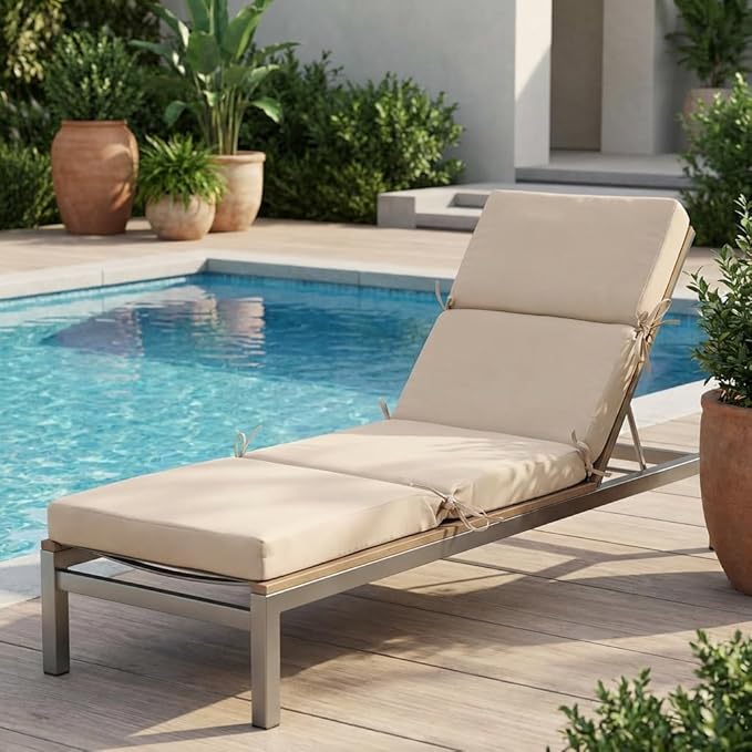 3" Solid Outdoor Lounge Chair Cushion, 74 x 22.5 inch Weather Resistant Chaise Lounge Cushion with 6 Ties for Patio Pool Furniture
