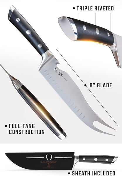 Dalstrong BBQ Pitmaster Meat Knife - 8 inch - Gladiator Series Elite - Forged High Carbon German Steel - Forked Tip & Bottle Opener - G10 Handle - Slicing Kitchen Knife - NSF Certified