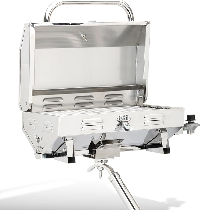 304 Stainless Steel Boat Grill, Portable Propane Marine Grill with Rod Holder Mount, Pontoon Boat BBQ Grill, 208 Sq.In Cooking Area
