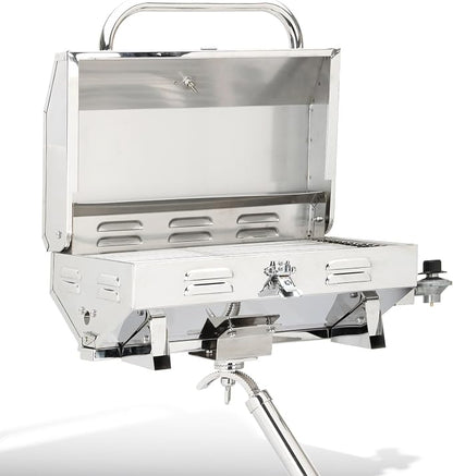 304 Stainless Steel Boat Grill, Portable Propane Marine Grill with Rod Holder Mount, Pontoon Boat BBQ Grill, 208 Sq.In Cooking Area