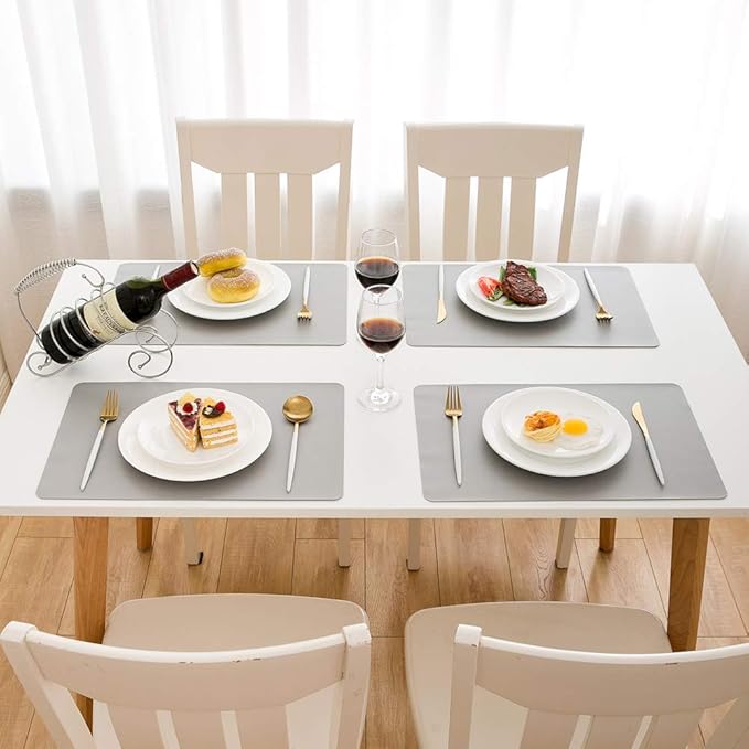 DOLOPL Placemats Set of 6-17"x11.8", Faux Leather Heat Resistant Table Placemat for Dining Table Protection, Waterproof Wipeable & Washable Kitchen Table Mats for Dining,Party,Holiday(Light Gray)