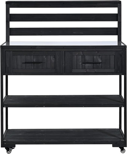 GDFStudio Elshire Patio Kitchen Island Cart with Storage, Wooden Outdoor Storage Cabinet with Stainless Steel BBQ Prep Table Top, Drawers, Raised Shelf and Lockable Wheels, Garden Potting Bench, Black