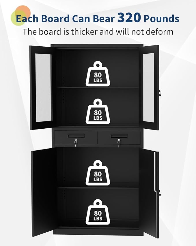 PioneerWorks 71" Black Metal Storage Cabinet w/Glass Doors | 2 Drawers + 2 Adjustable Shelves, Lock Feature | for Garage, Home Office Organization