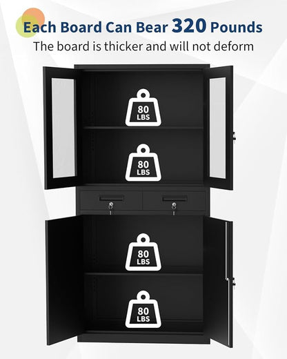 PioneerWorks 71" Black Metal Storage Cabinet w/Glass Doors | 2 Drawers + 2 Adjustable Shelves, Lock Feature | for Garage, Home Office Organization