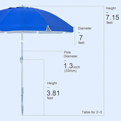 Tempera Heavy Duty High Wind Beach Umbrella with Sand Anchor & Carry Bag | Patio Outdoor Umbrella with Aluminum Frame and Push Button Tilt, Ideal for Travel Garden Lawn, UPF 60+