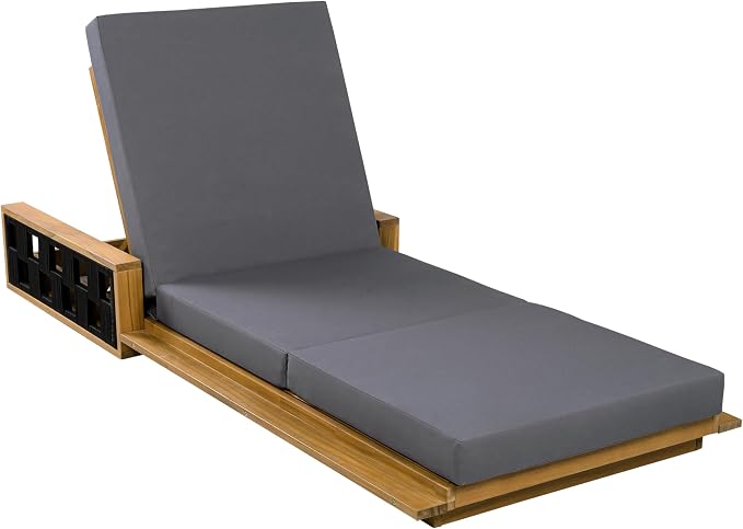 Merax Patio Chaise Lounge with 4-Position Adjustable Backrest, Acacia Wood Outdoor Sunbathing Recliner Chair & 4" Thick Triple-fold Cushion for Poolside, Garden, Backyard, Patio, Dark Gray