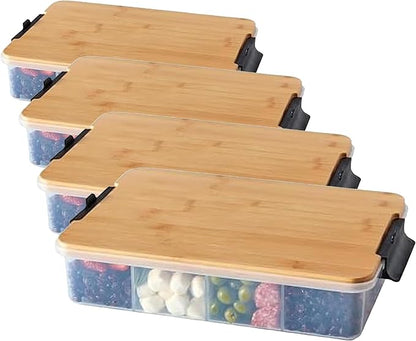Farberware Build Snacklebox Serving Tray with Locking Bamboo Cutting Board Lid, Portable Storage Container with Compartments for Charcuterie, and More, Natural (Pack of 4)