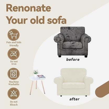 WEERRW Stretch Chair Sofa Slipcover - 2 Pieces Luxury Soft Plush Couch Cover Furniture Protector with Elastic Bottom for Pets, Machine Washable, Ivory, Small | Armchair Slipcovers Luxury Soft Velvet Plush Furniture Protector Couch Cover with Elastic Bo...