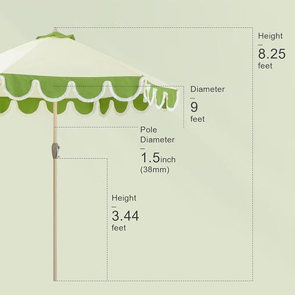 Tempera 9ft Scalloped Patio Umbrellas with Fringe, Market Umbrellas with Water-Resistant and Fade Resistant Canopy, 1.5" Wood Pole & Button Tilt,Green Beige Spliced