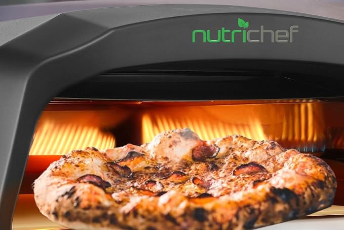 NutriChef Portable Outdoor Gas Pizza Oven - Includes Foldable Feet, Adjustable Heat Control Dial, Burner, Stone & Regulator Hose - Cooks 12" Pizza in 60 Seconds - 25.24'' x 16.14'' x 12.40'' IN