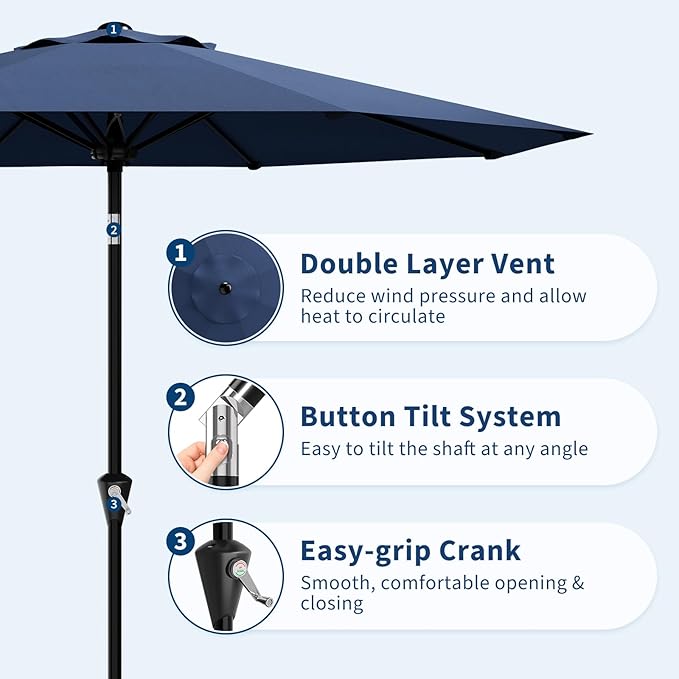 GarveeLife 10FT Umbrella Outdoor Patio, Backyard Umbrella with 8 Sturdy Ribs, Push Button Tilt and Crank, Waterproof UV Protection for Garden, Table, Pool, Market | Table Umbrella Waterproof UV Protection for Garden, Pool, Deck, Backyard, Market (Navy ...
