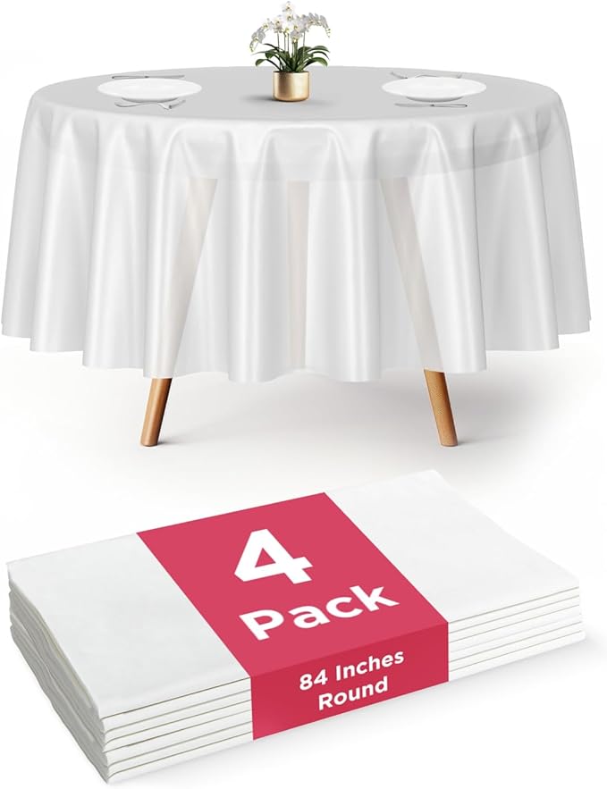 Prestee 4-Pack 84-Inch White Round Plastic Tablecloth Disposable - Durable Waterproof Table Covers for Weddings, BBQ, Parties, Outdoor Events - Elegant White Plastic Tablecloths Round for Any Occasion