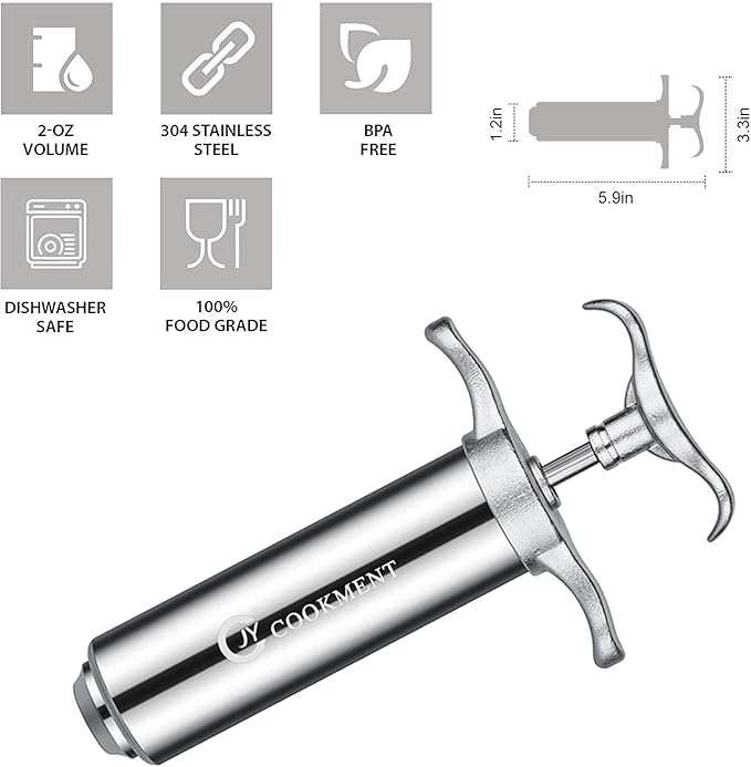 JY COOKMENT Meat Injector Syringe 2-oz Marinade Flavor Barrel 304 Stainless Steel with 3 Professional Needles 2 Cleaning Brushes and 4 Silicone O-Rings