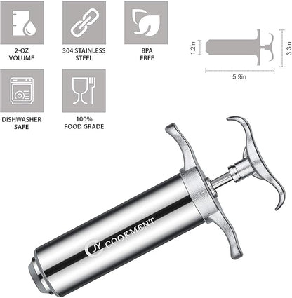 JY COOKMENT Meat Injector Syringe 2-oz Marinade Flavor Barrel 304 Stainless Steel with 3 Professional Needles 2 Cleaning Brushes and 4 Silicone O-Rings