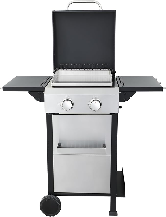 2-Burner Propane Gas BBQ Grill, SS Plancha, 24600BTU Output With Wire Enamel Cooking Grids For Outdoor Barbecue, Foldable Side Table, Hanging Basket, Stainless Steel